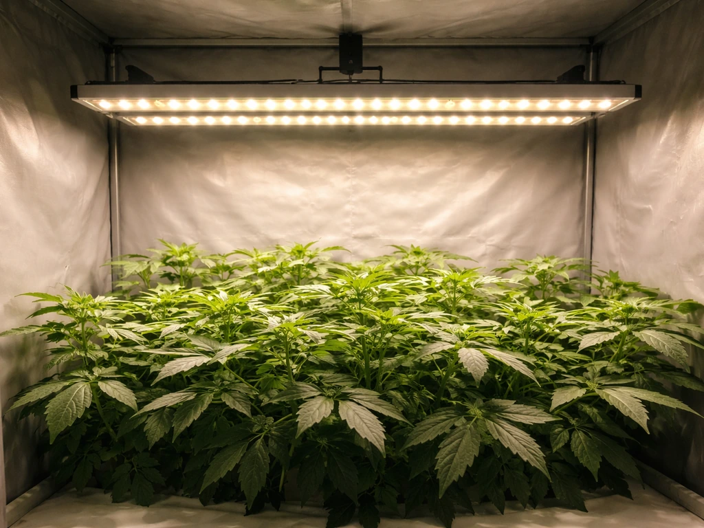 LED grow light bar glowing over a healthy indoor plant canopy in a simple grow tent