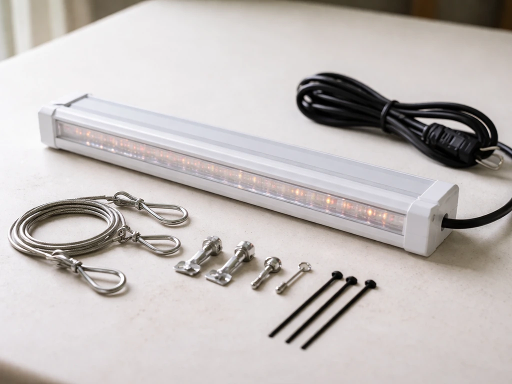 Feit grow light parts laid out on a table: fixture, power cord, and mounting hardware in close-up.