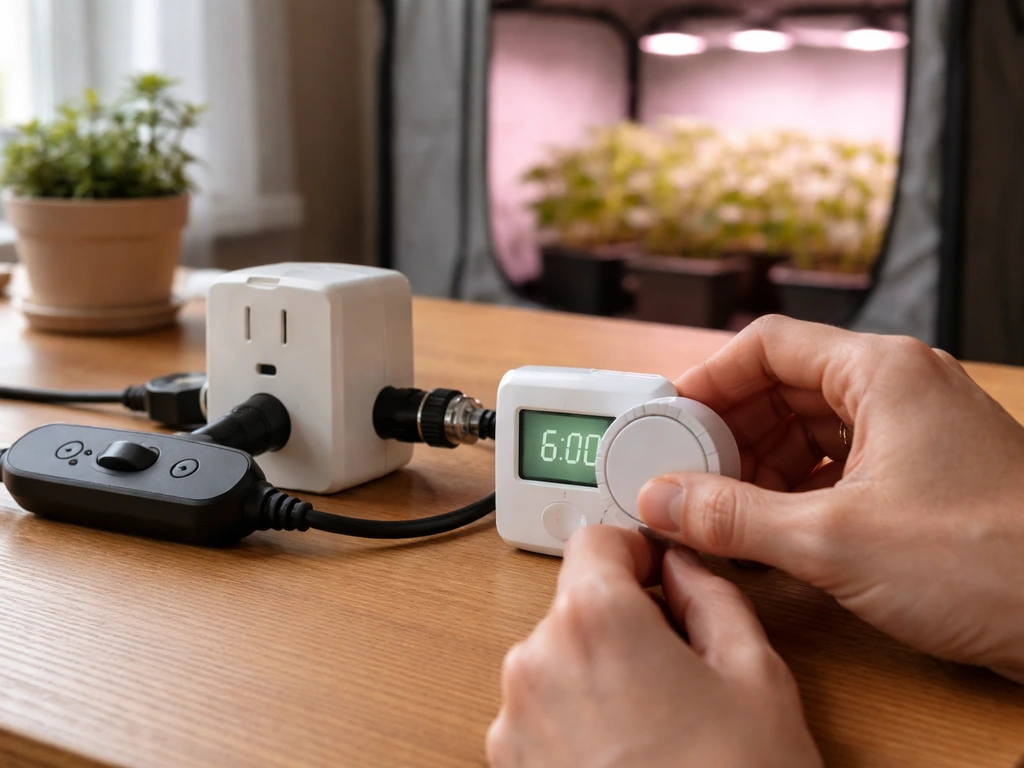 Hands adjust a smart plug/timer set for a daily LED grow light schedule on a desk.