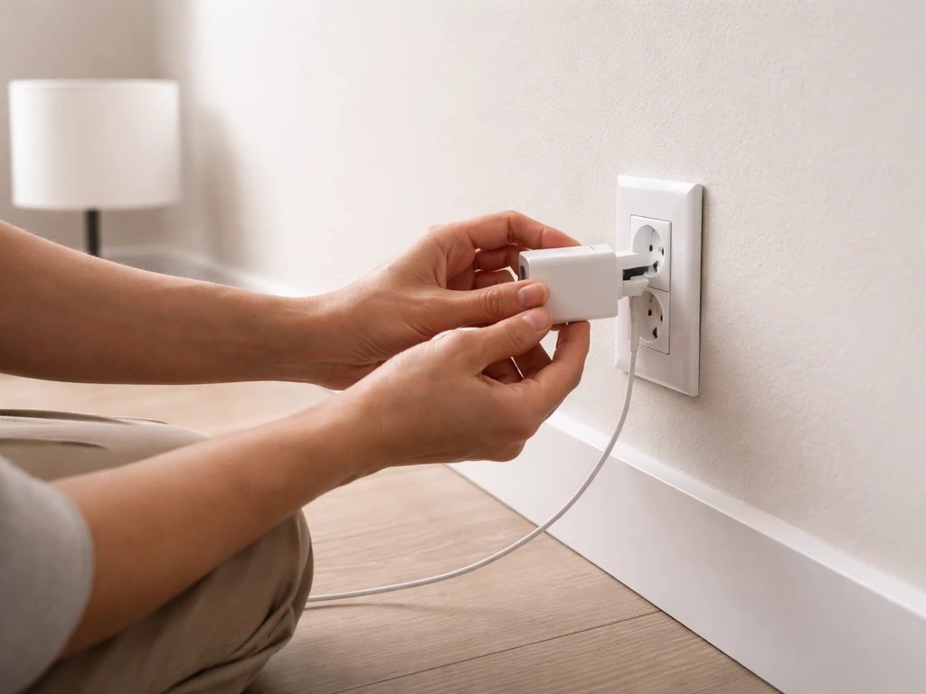 Person plugging a phone charger into a wall outlet while checking a nearby lamp power cord