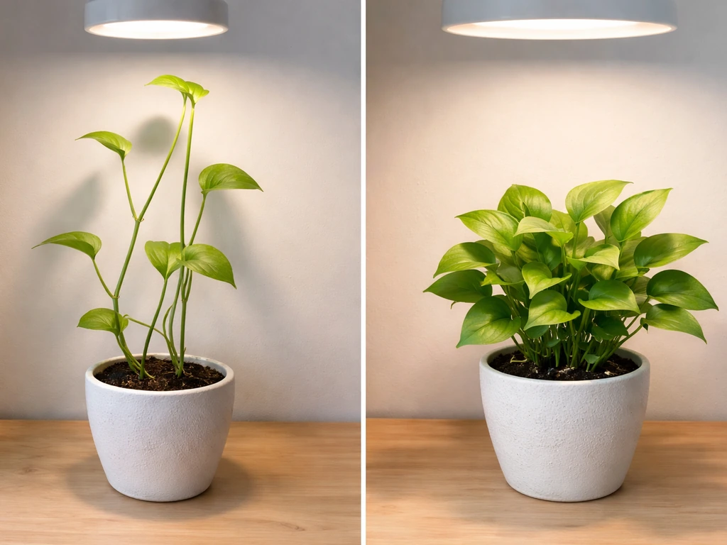 Two-side view of a potted plant showing leggy stretching before and compact greener growth after lowering light.