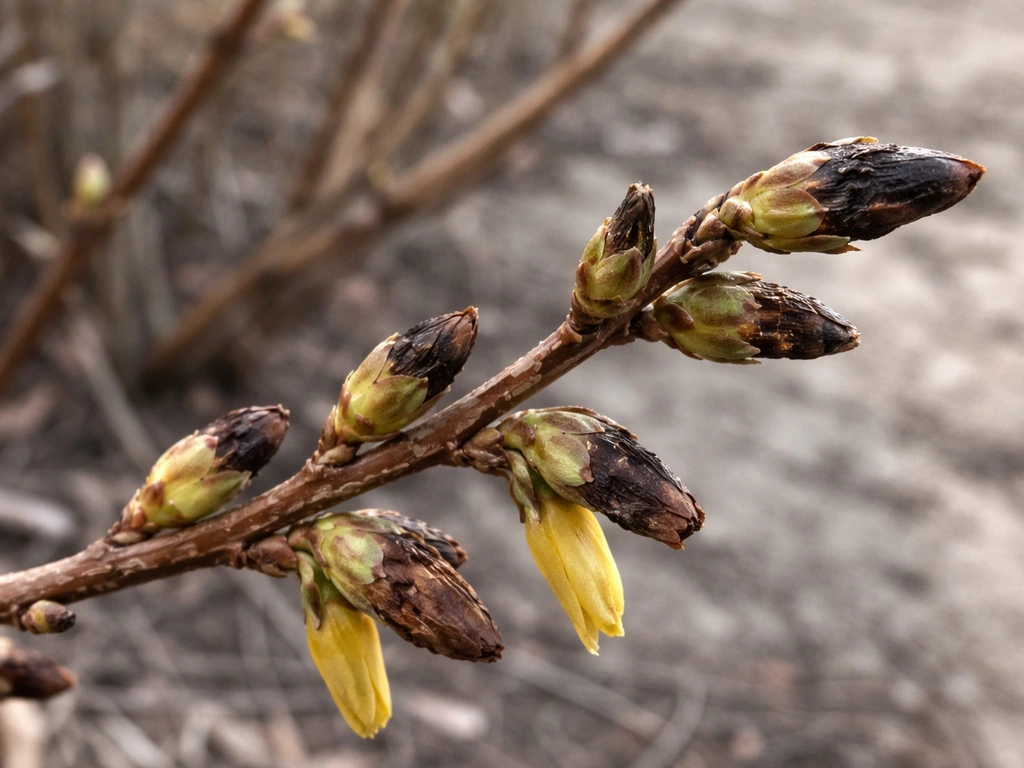 Forsythia flower buds with winter blackened tips on a dormant shrub branch