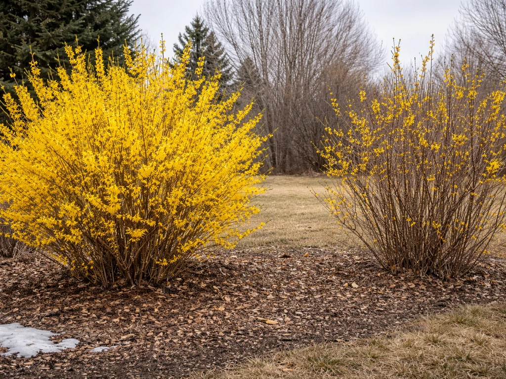 Two neighboring forsythia bushes in Colorado landscape, one fuller and blooming after winter