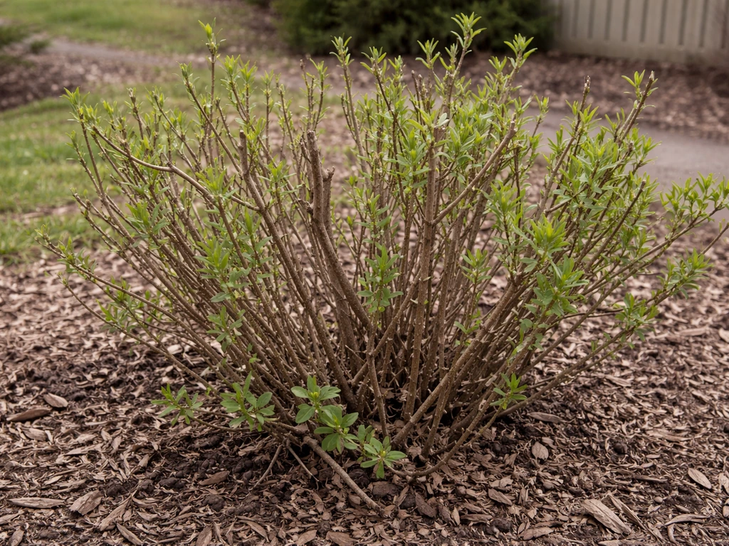 Established forsythia shrub with intact branches and minimal bare stems, no visible blooms in natural yard light.