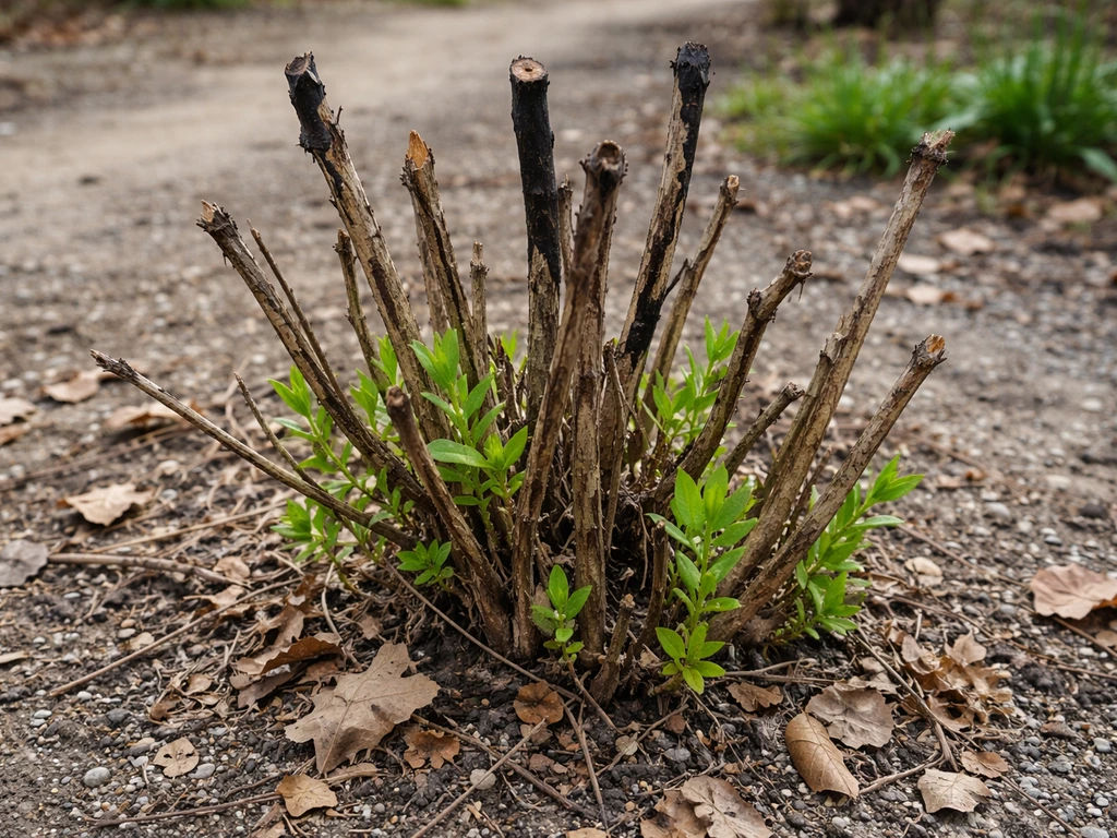 Forsythia shrub in winter with blackened upper stems and fresh green regrowth from lower parts