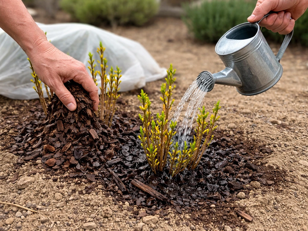 Gardener’s hands mulching and watering newly planted forsythia in dry Colorado soil.