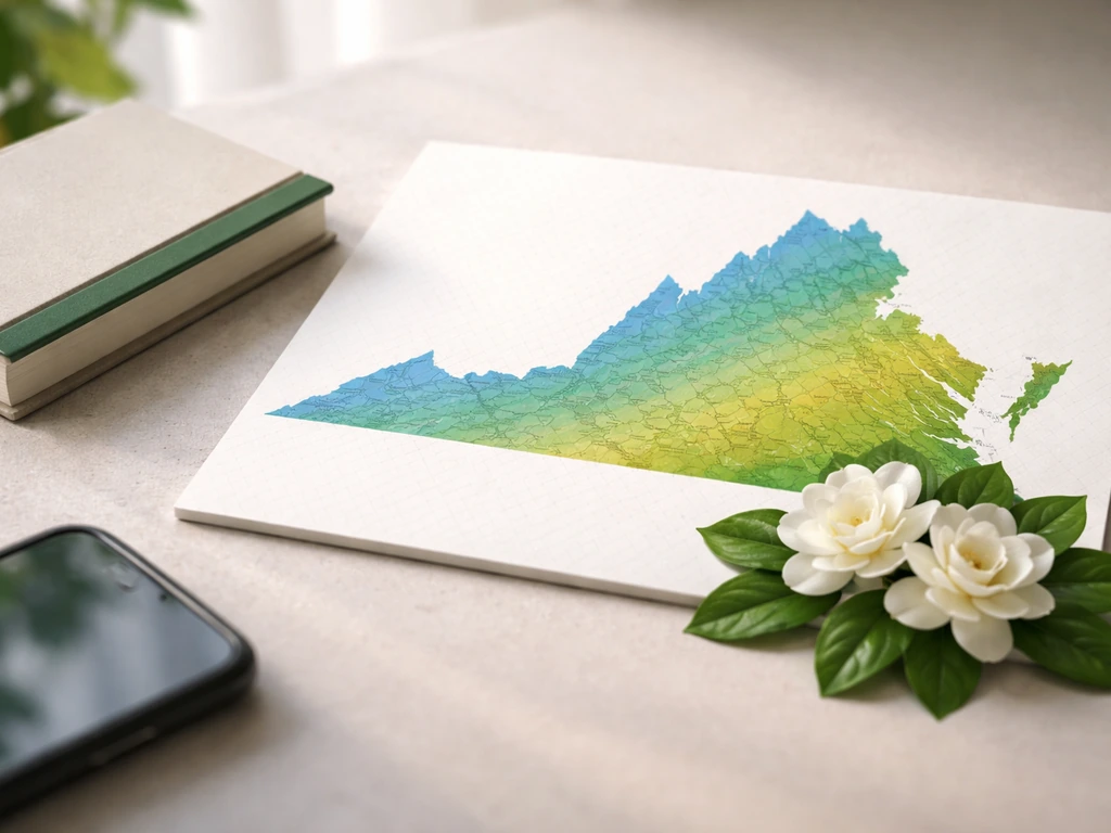 Color-banded Virginia map silhouette with a small cluster of white gardenia blossoms on a tabletop.