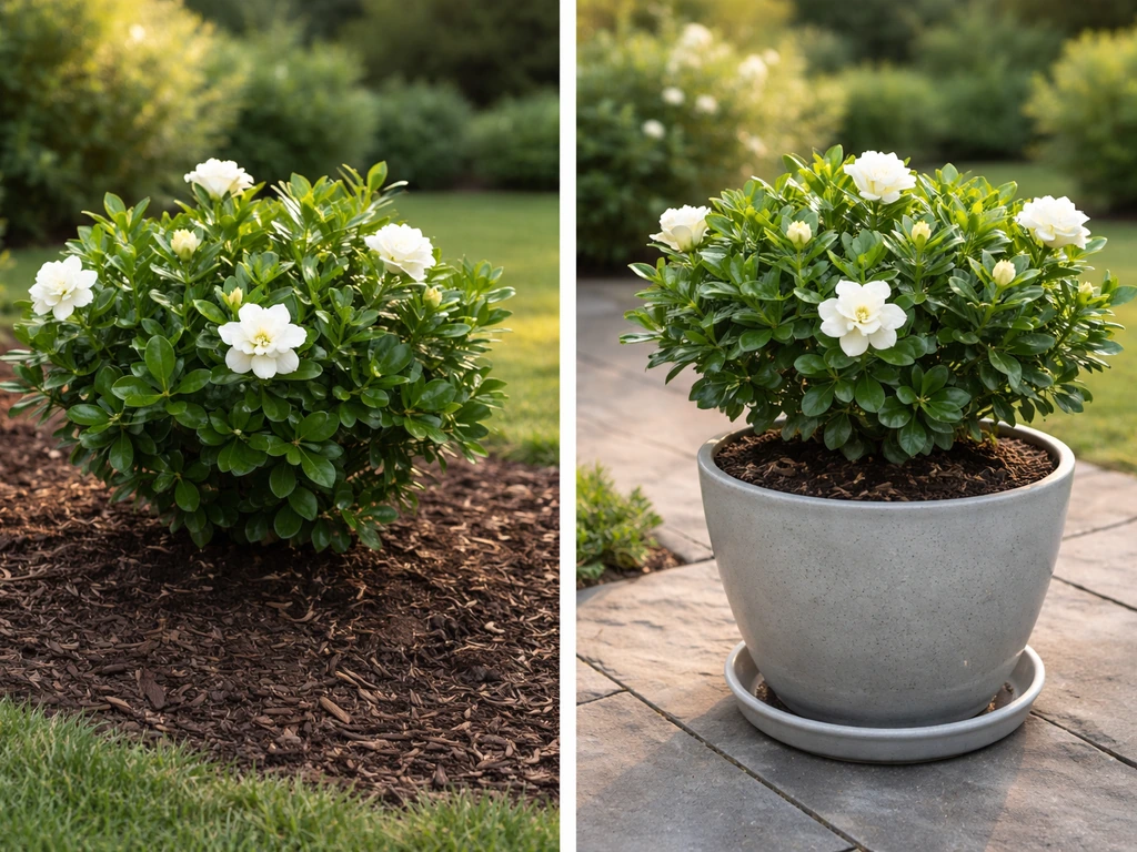 Side-by-side gardenias: one planted in ground soil and one in a patio container with visible potting mix.