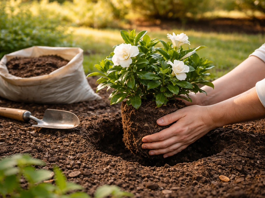 Hands planting a gardenia shrub in a small hole beside amended acidic soil in a Virginia garden bed.