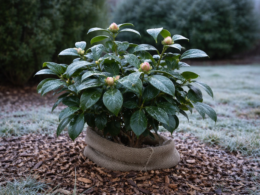 Frosted camellia shrub with hardy evergreens as windbreak in a mild winter garden setting.