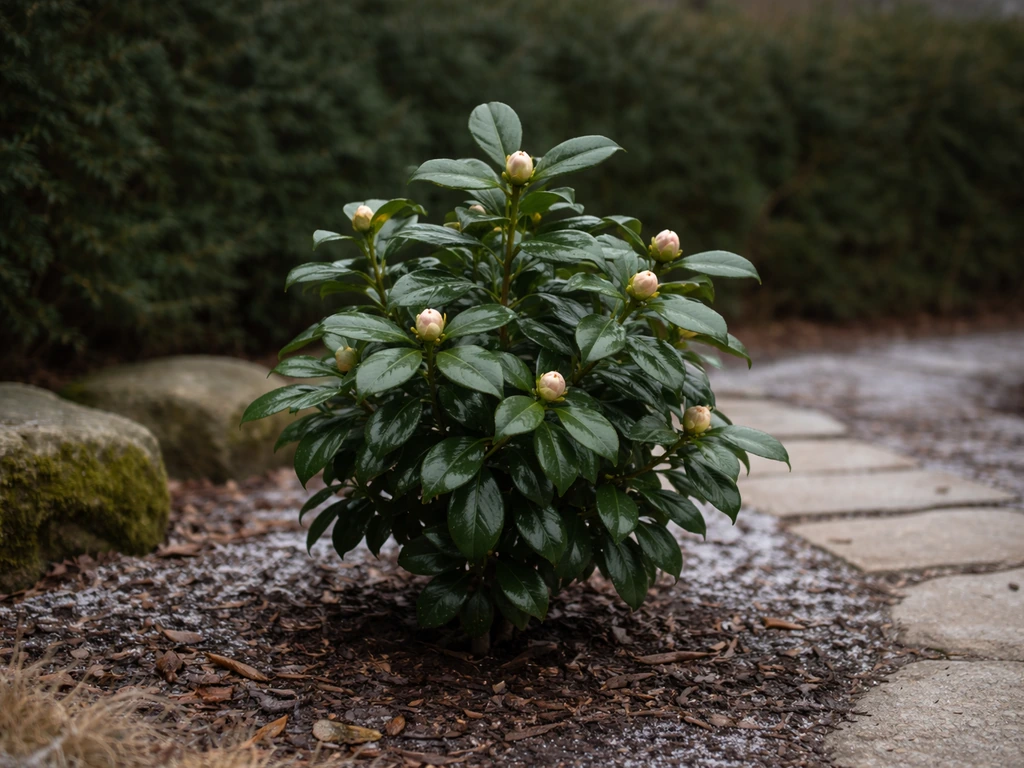 Minimal photo of camellia-like evergreen shrubs near a simple stone walkway in a cold-weather garden