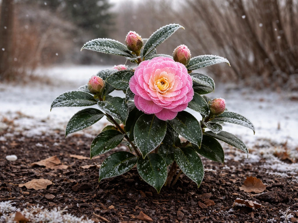 Winter camellia bloom with frost on petals in a snowy, minimal garden bed.
