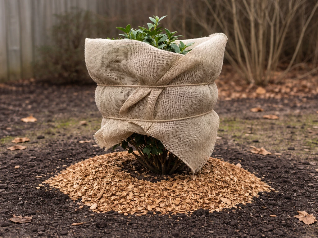 Camellia shrub wrapped in burlap/frost cloth with mulched base in a late-fall garden.