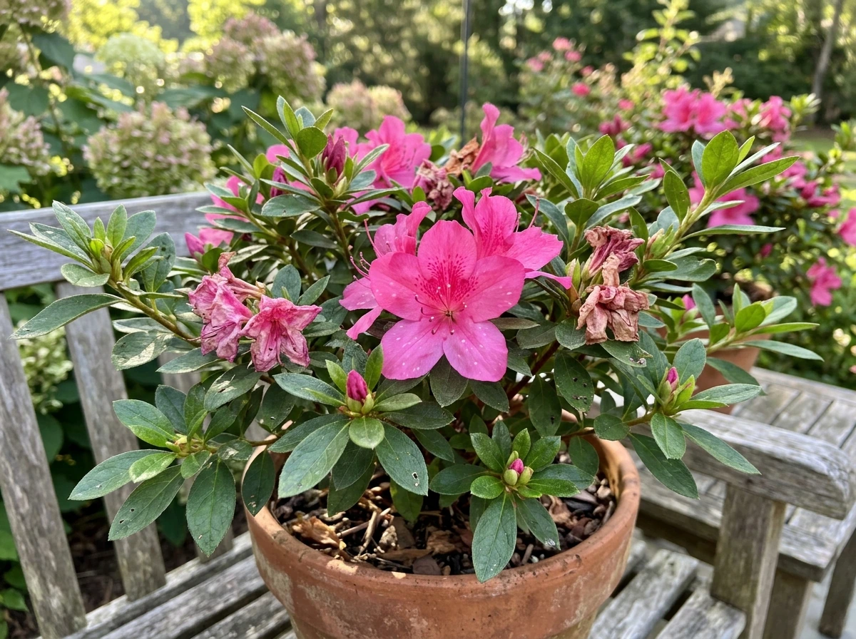 Encore azalea with reblooming flowers and buds