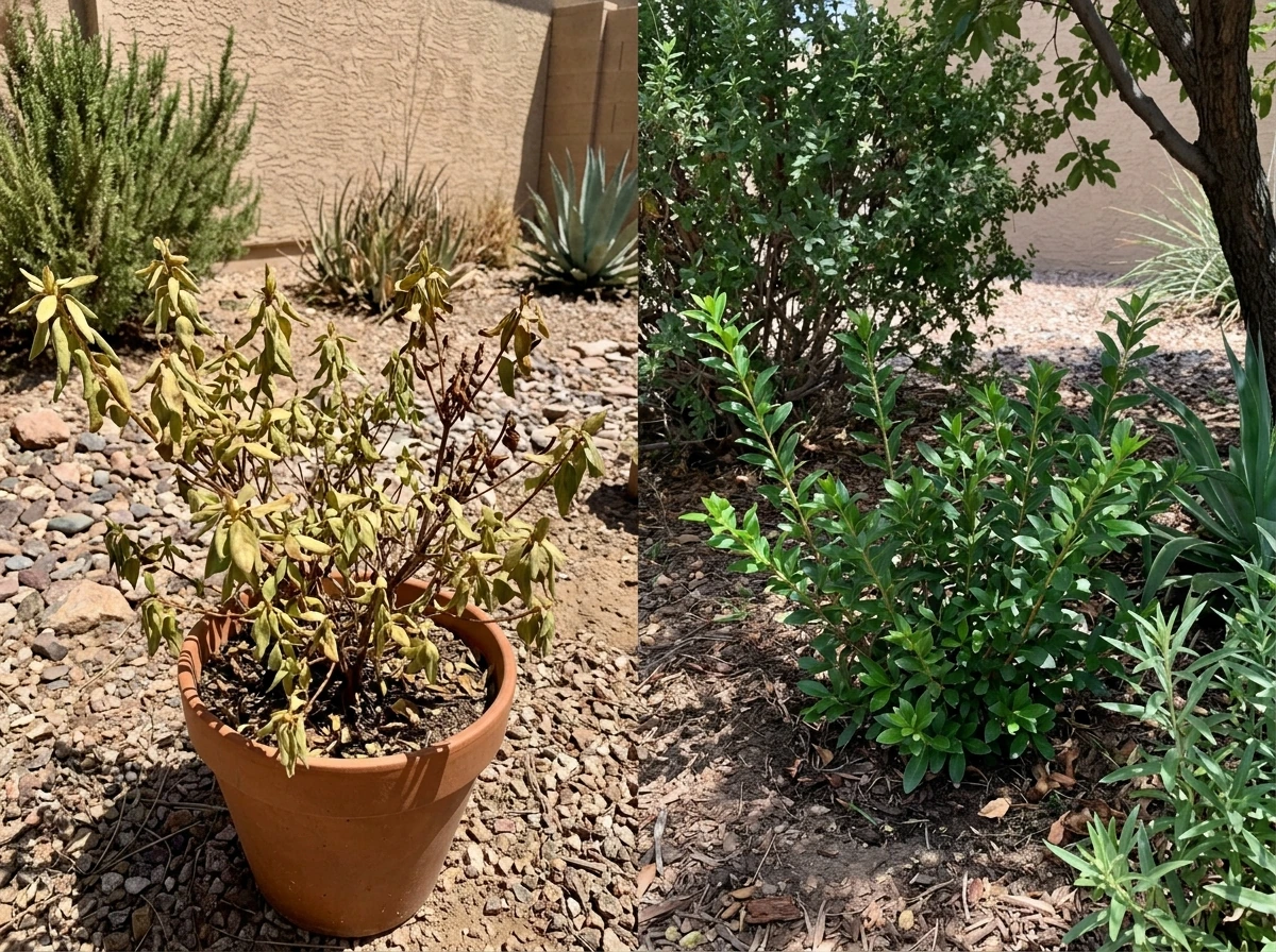 Traditional evergreen azalea showing poor fit in Arizona heat