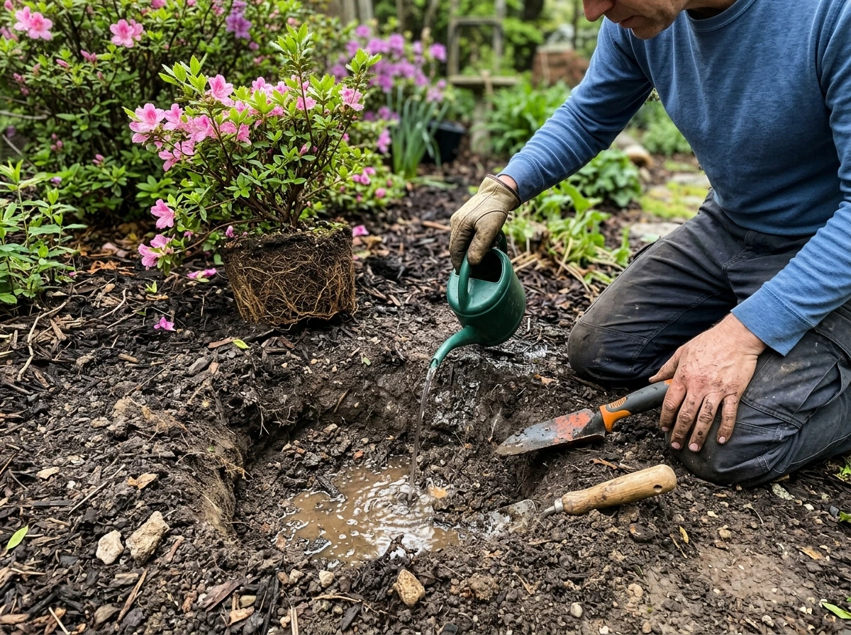 Checking planting depth and drainage before installing an azalea