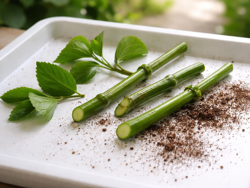 Close-up of healthy tropical hibiscus stem cuttings with leaf nodes on a simple potting bench