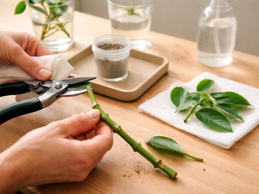 Close-up of hands sterilizing shears and trimming a stem cutting with nodes into rooting medium.