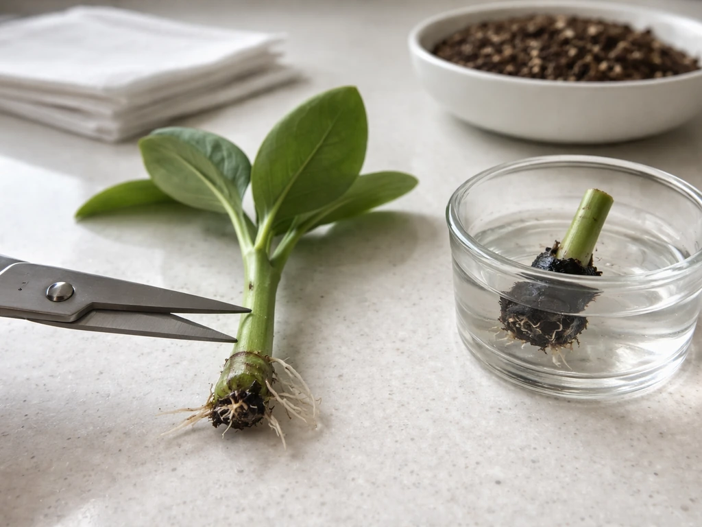 Minimal close-up of healthy vs black/mushy plant cutting bases with sterile scissors indicating re-cut above rot.