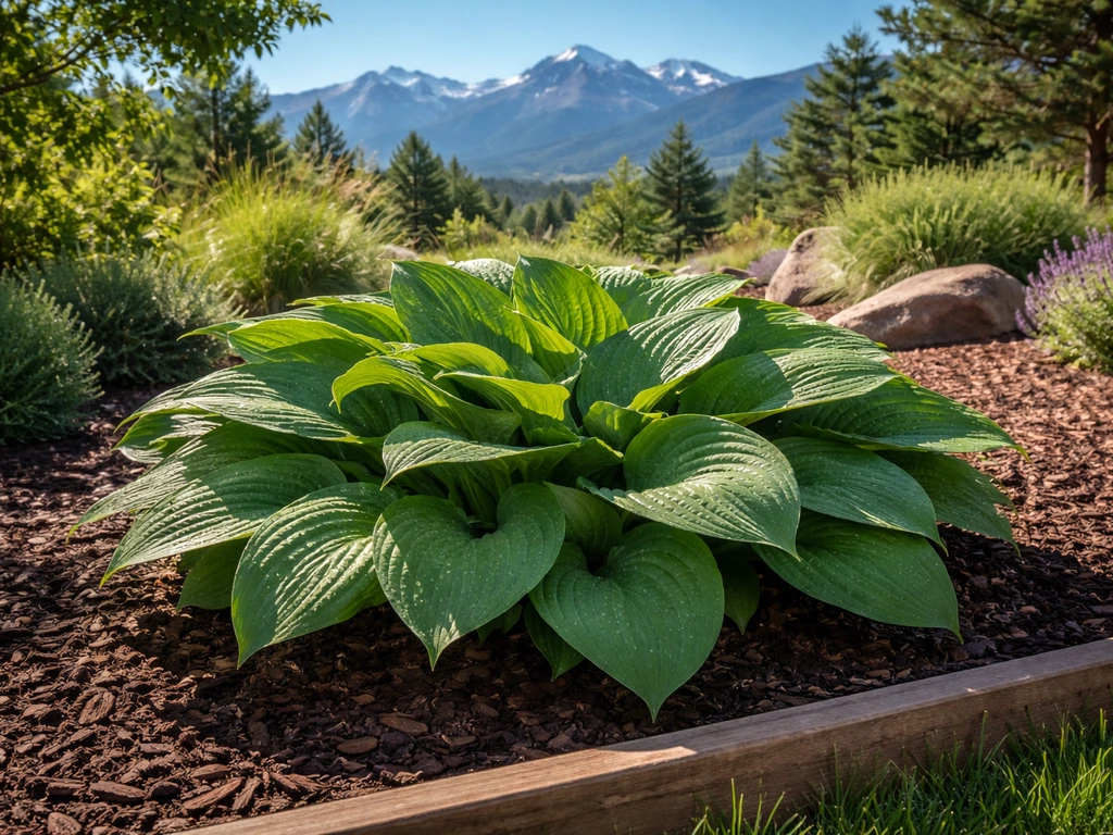 Healthy lush hostas growing in a shaded Colorado garden with distant mountains in the background.