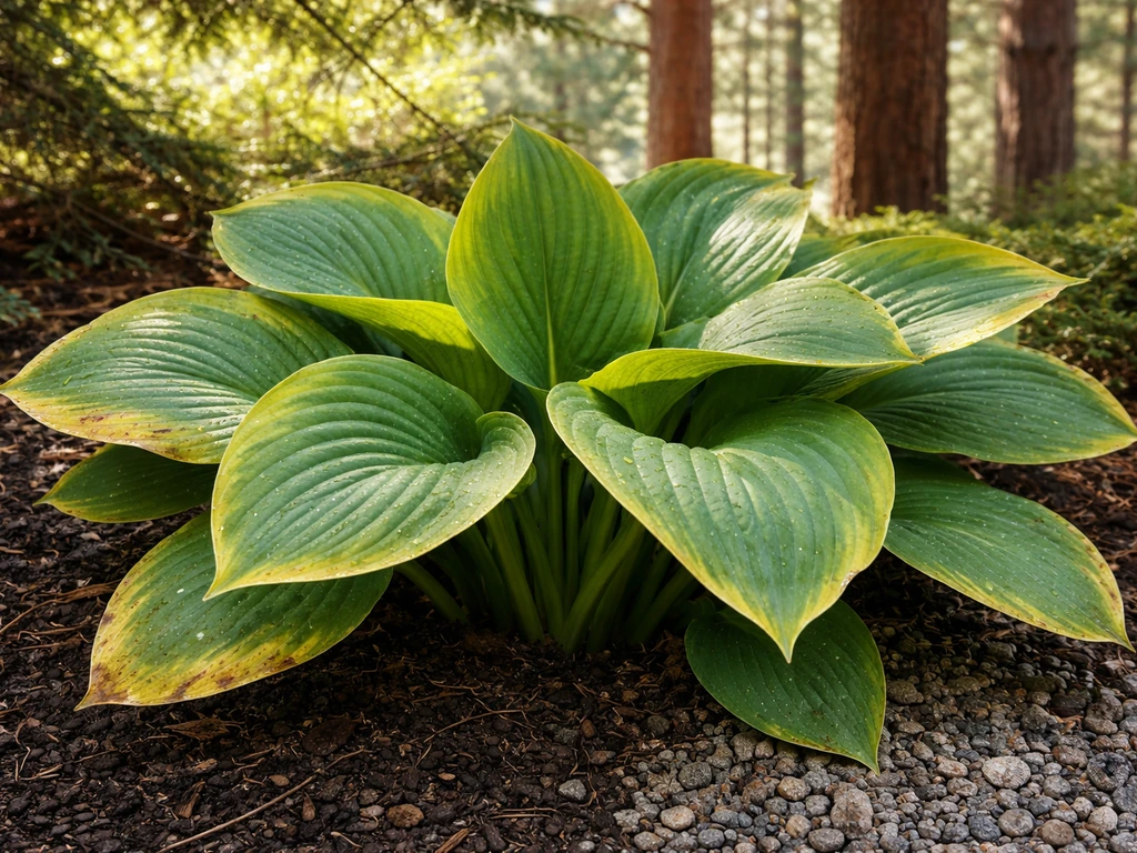 Close-up hosta leaves in dappled shade under trees with hints of intense Colorado sun stress.