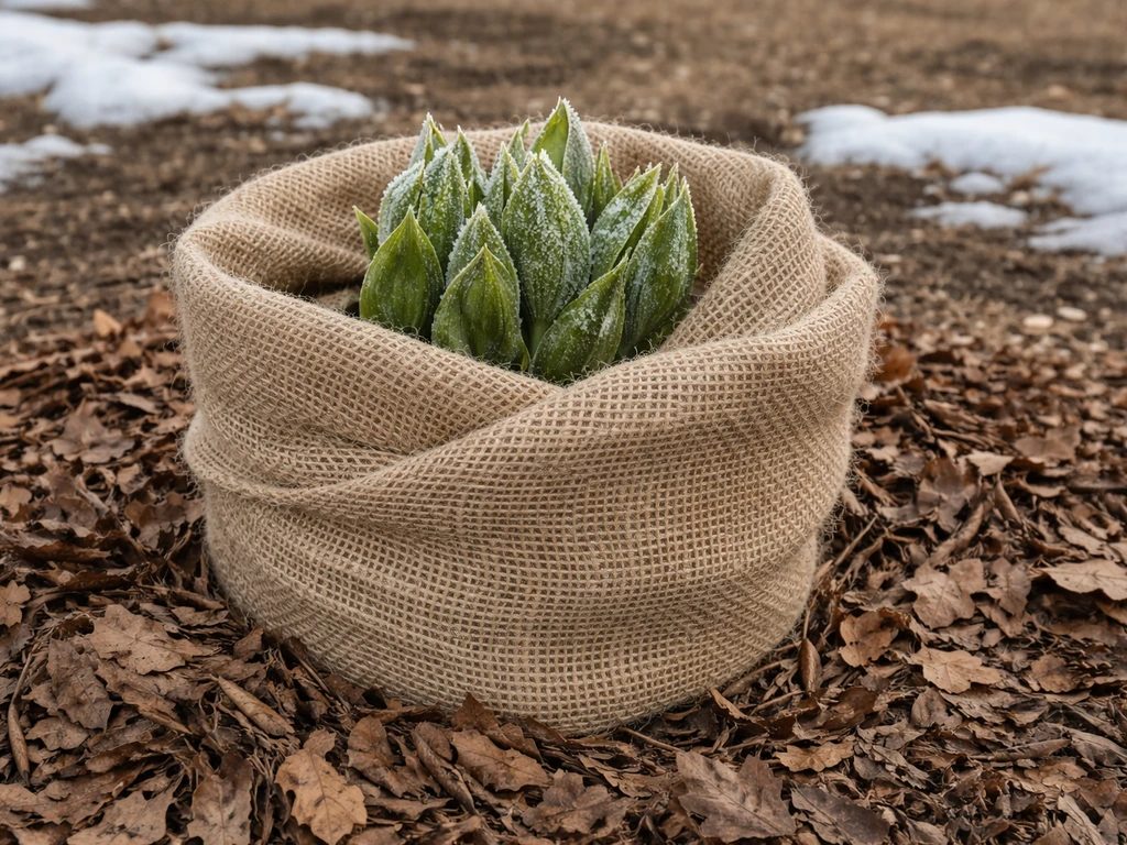 Single hosta in winter protected with leaf mulch and burlap, with light snow and frost nearby.