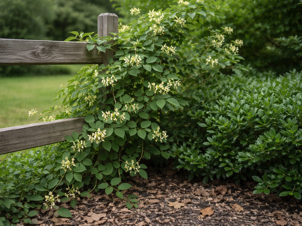 Naturalized honeysuckle vine growing up a wooden fence in a quiet Michigan yard garden corner.