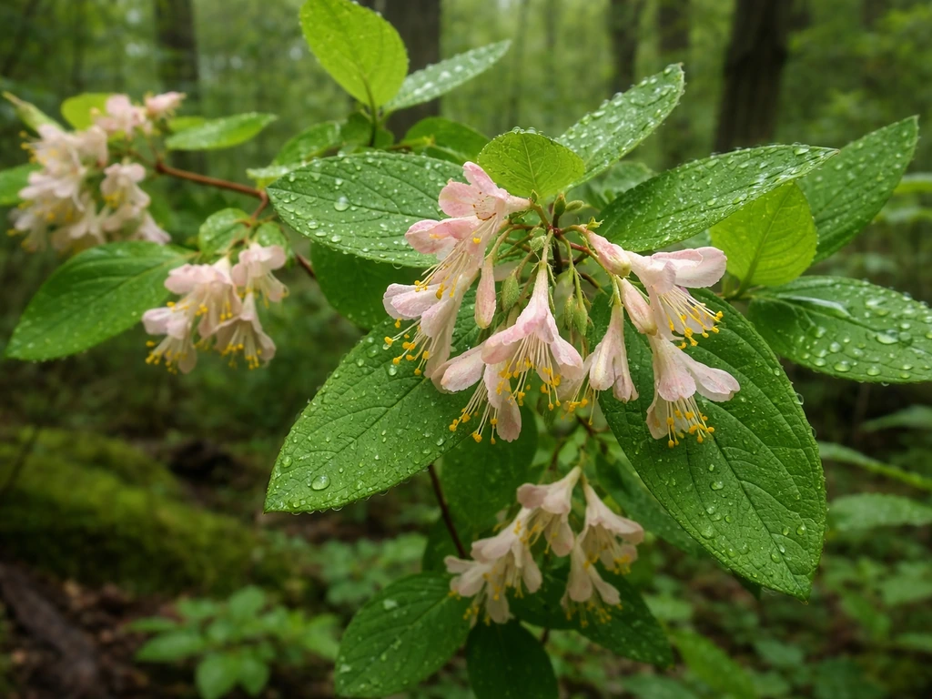 Close-up of native honeysuckle leaves and small flowers growing in a damp Michigan woodland setting.