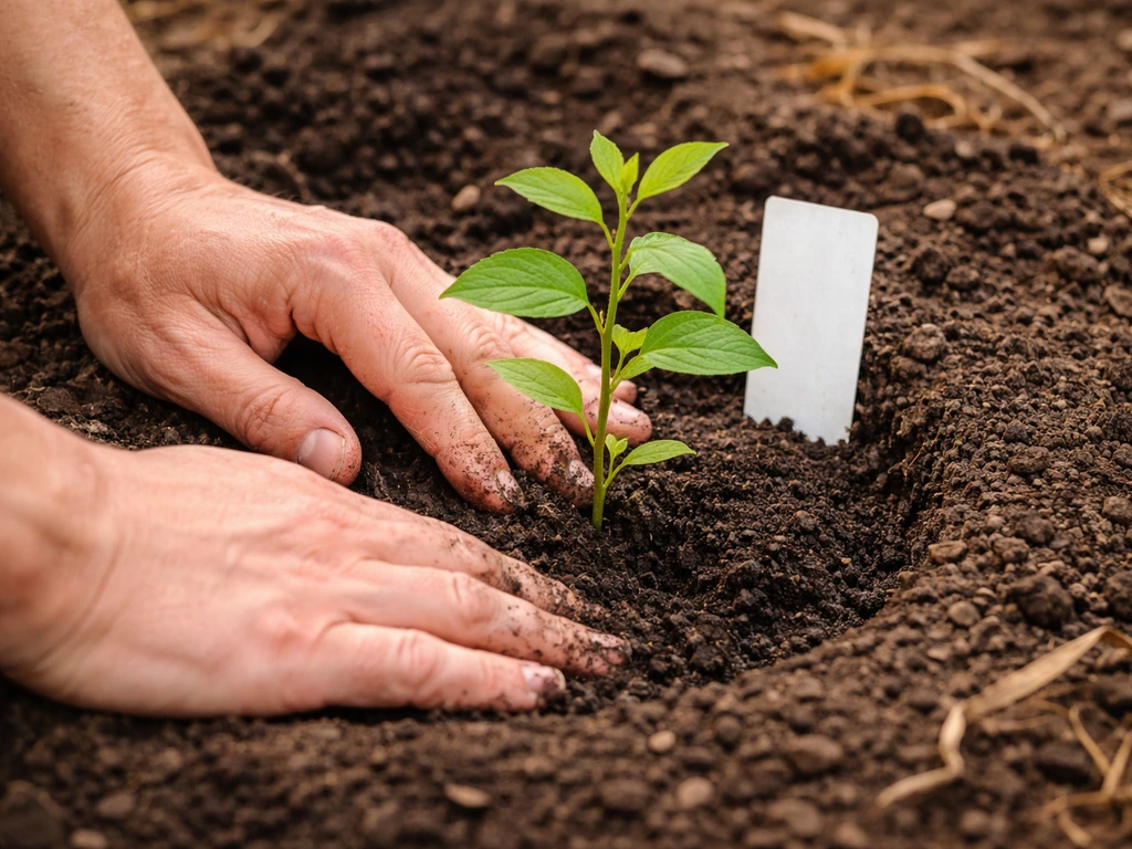 Hands planting a honeysuckle seedling in a garden hole with a small plant tag visible.