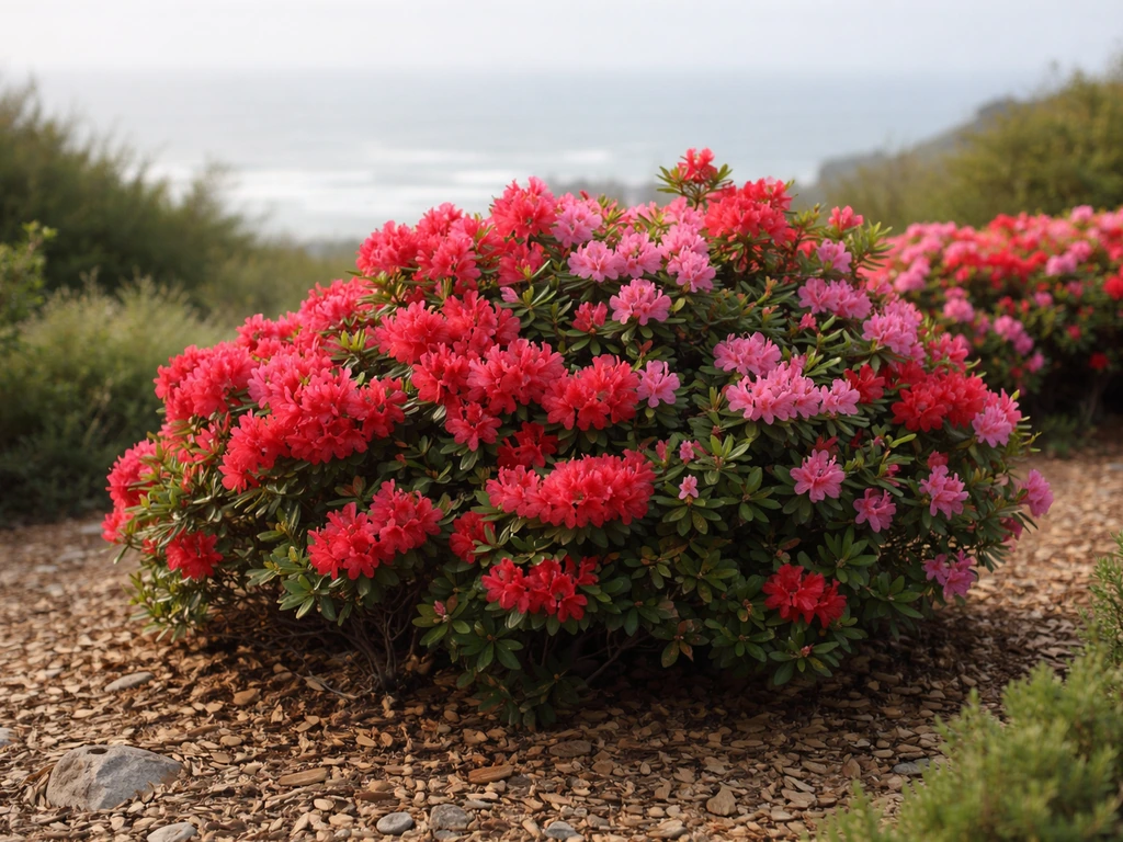 Close-up of blooming azalea shrubs in a mild coastal garden with ocean haze in the background.