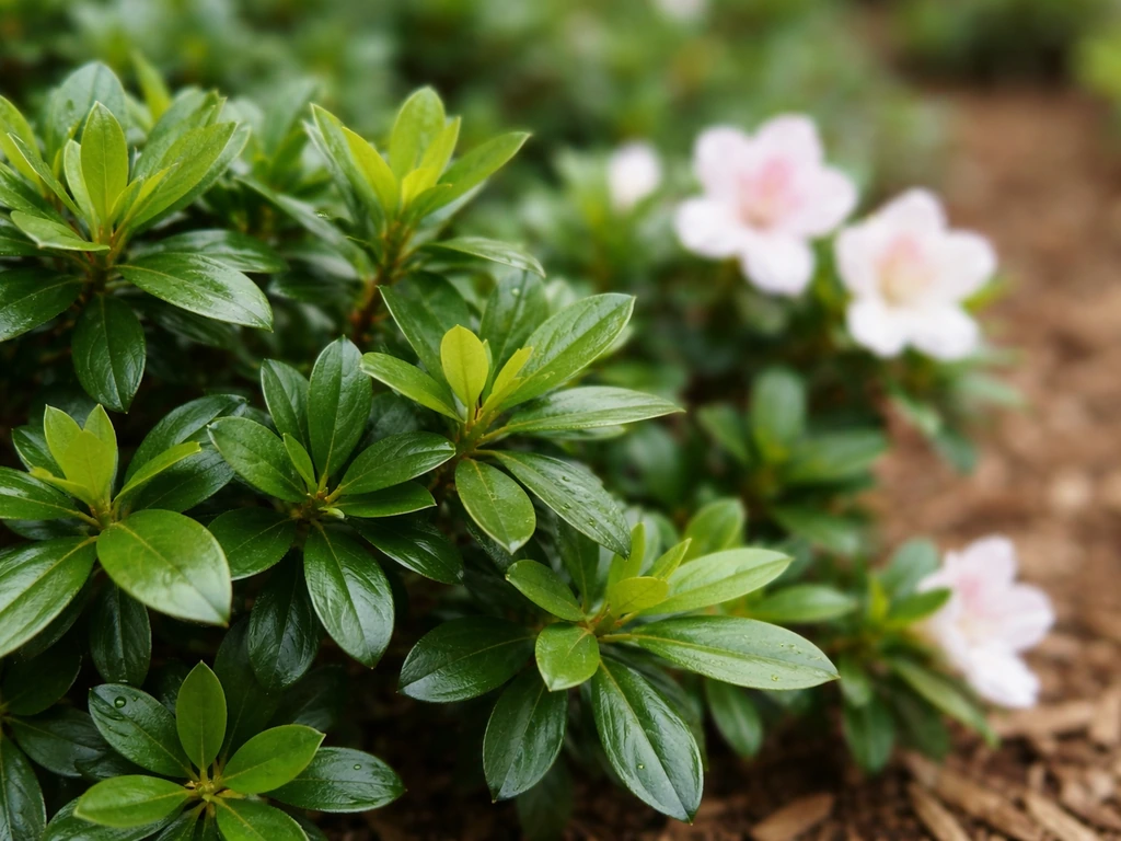 Close-up of glossy evergreen azalea leaves with a few flowers in a calm mild-climate garden.