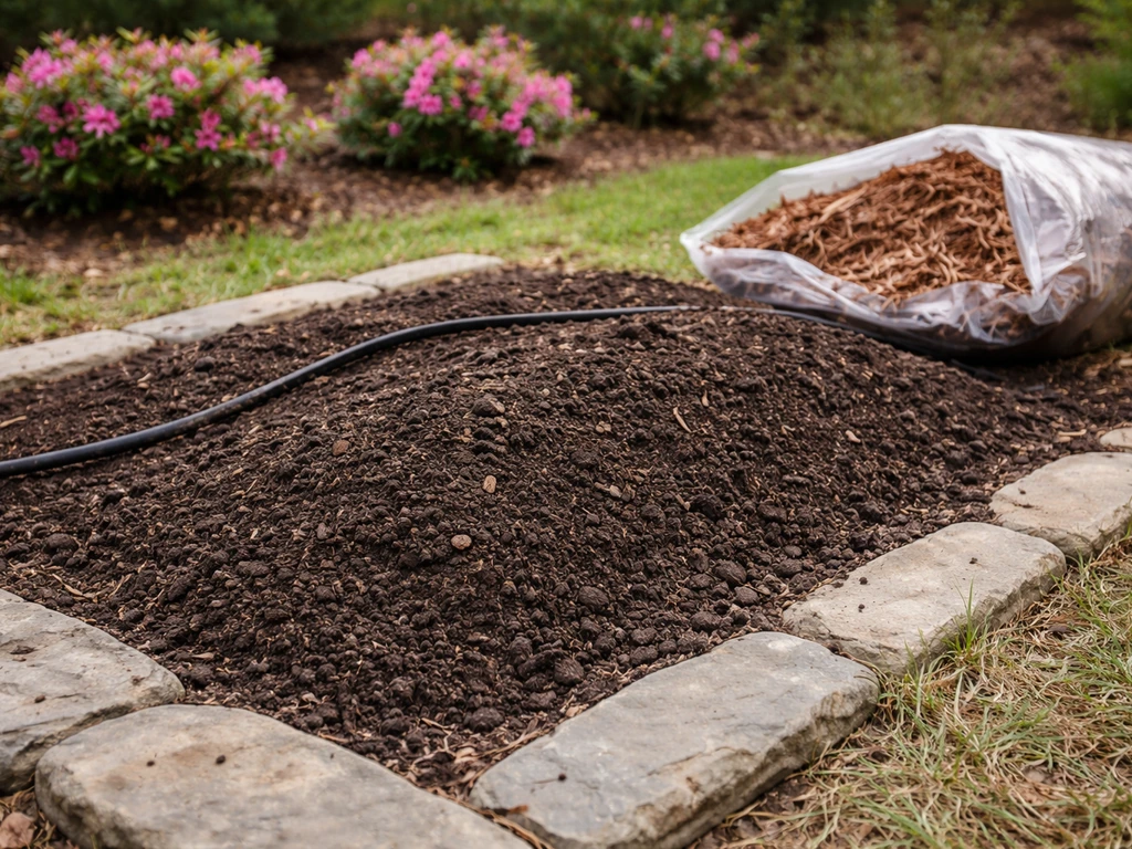 Close-up of an outdoor garden bed with acidic soil and mulch mix prepared for azaleas, with a soaker hose visible.