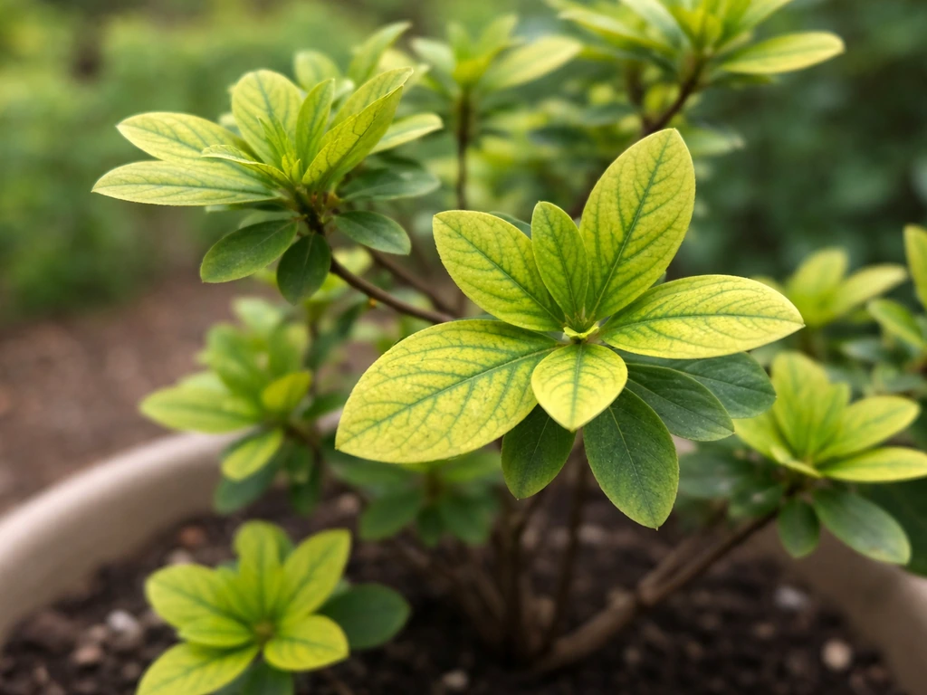 Close-up of azalea leaves yellowed with green veins from alkaline soil chlorosis.