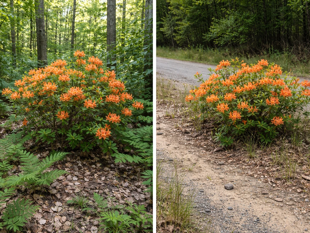 Two azalea shrubs: one in a native woodland clump and one feral along a disturbed roadside edge.