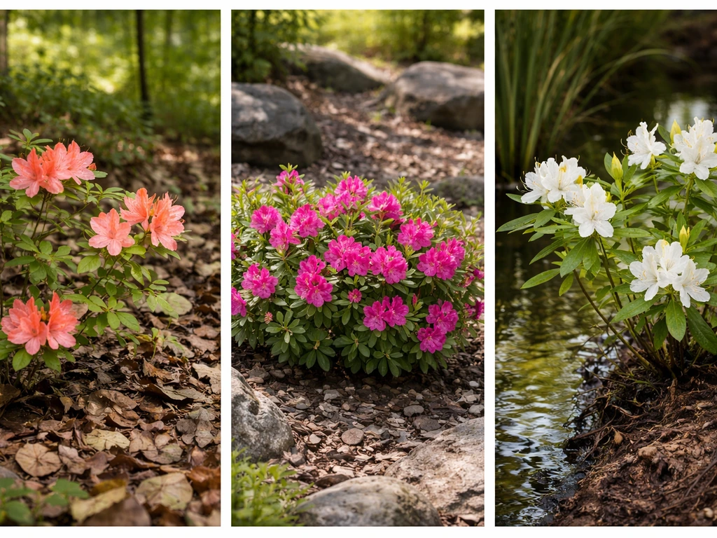 Three azalea varieties in separate natural settings, showing woodland, evergreen-like, and swamp habitat cues.