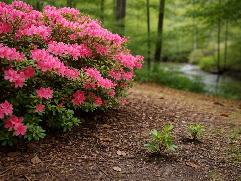 Ornamental azalea by a property line near woods, with a couple of small seedlings at the edge.