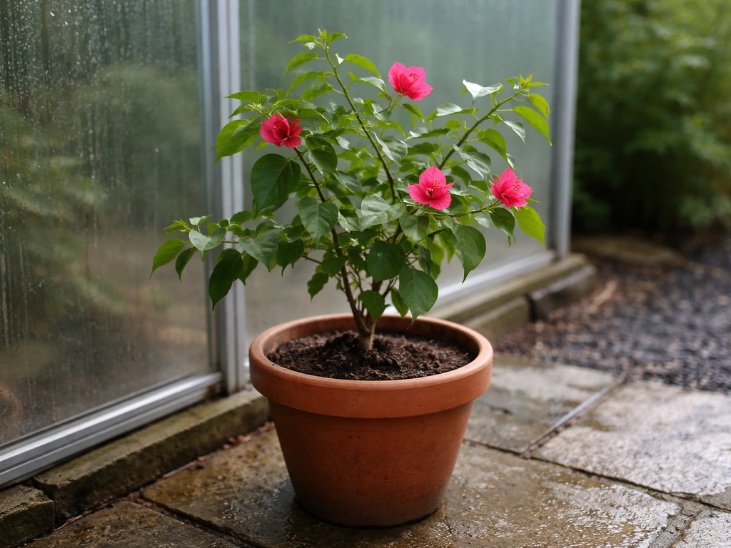 Potted bougainvillea on a sunny sheltered Irish patio, suggesting frost-free protection and possible blooms.