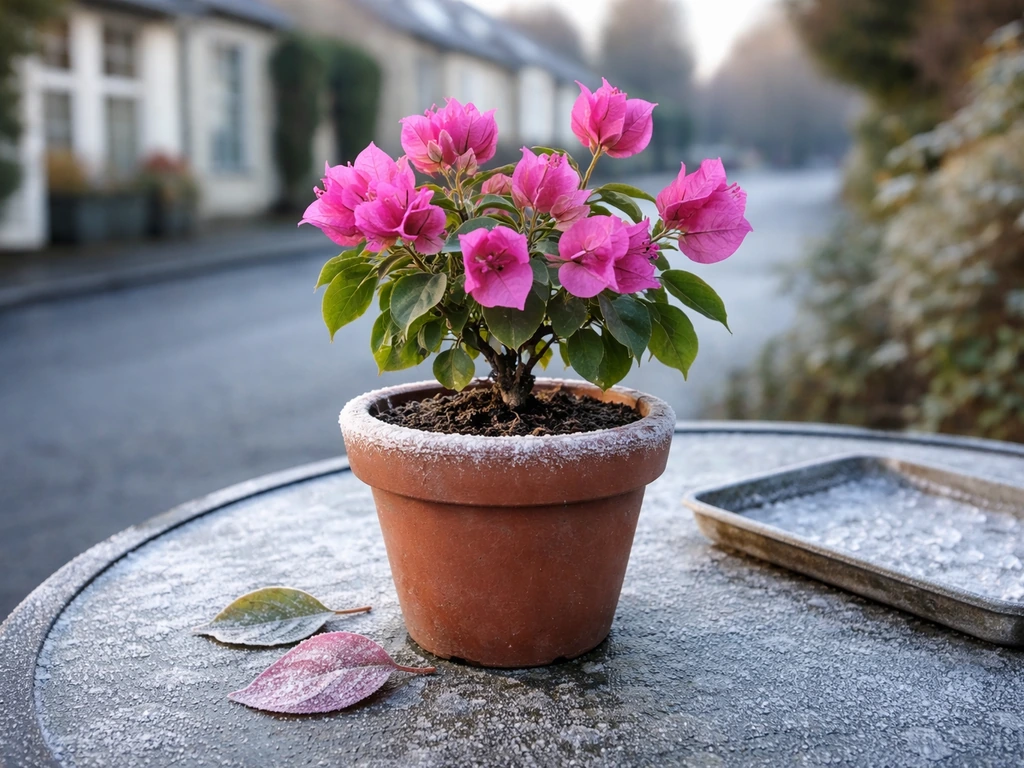 Bougainvillea in a pot with light frost and an ice-crystal tray, suggesting Ireland’s cold winter risk.