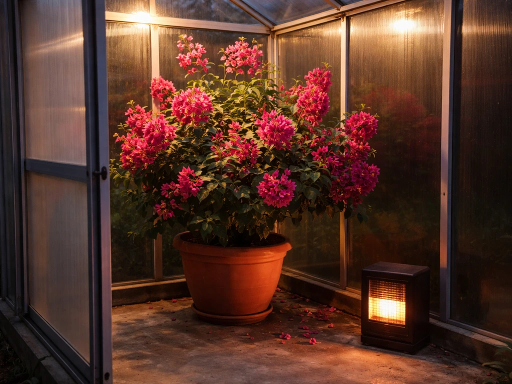 Bougainvillea in a large container inside a modest heated greenhouse at night, protected from cold with warm airflow.