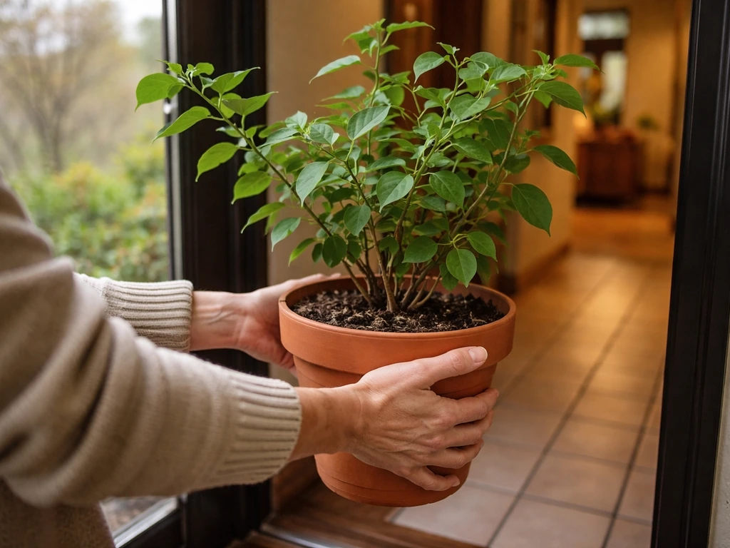Bougainvillea in a terracotta pot being moved indoors, with green leaves and a doorstep transition scene.
