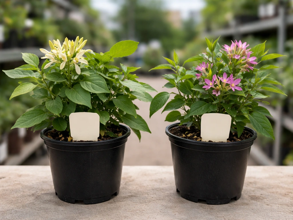 Close-up of two potted honeysuckle-like plants with blank tags on a nursery table, foliage comparison in focus.