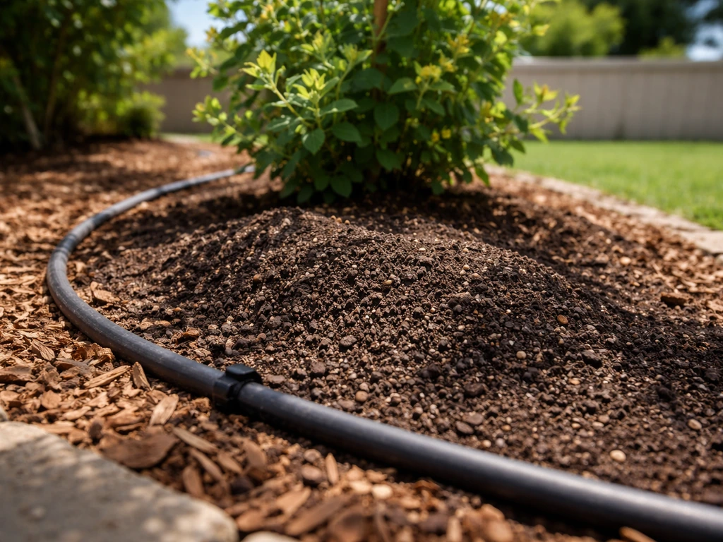 Close-up of well-draining garden soil, mulch, and a drip line near honeysuckle with sun-and-shade lighting.