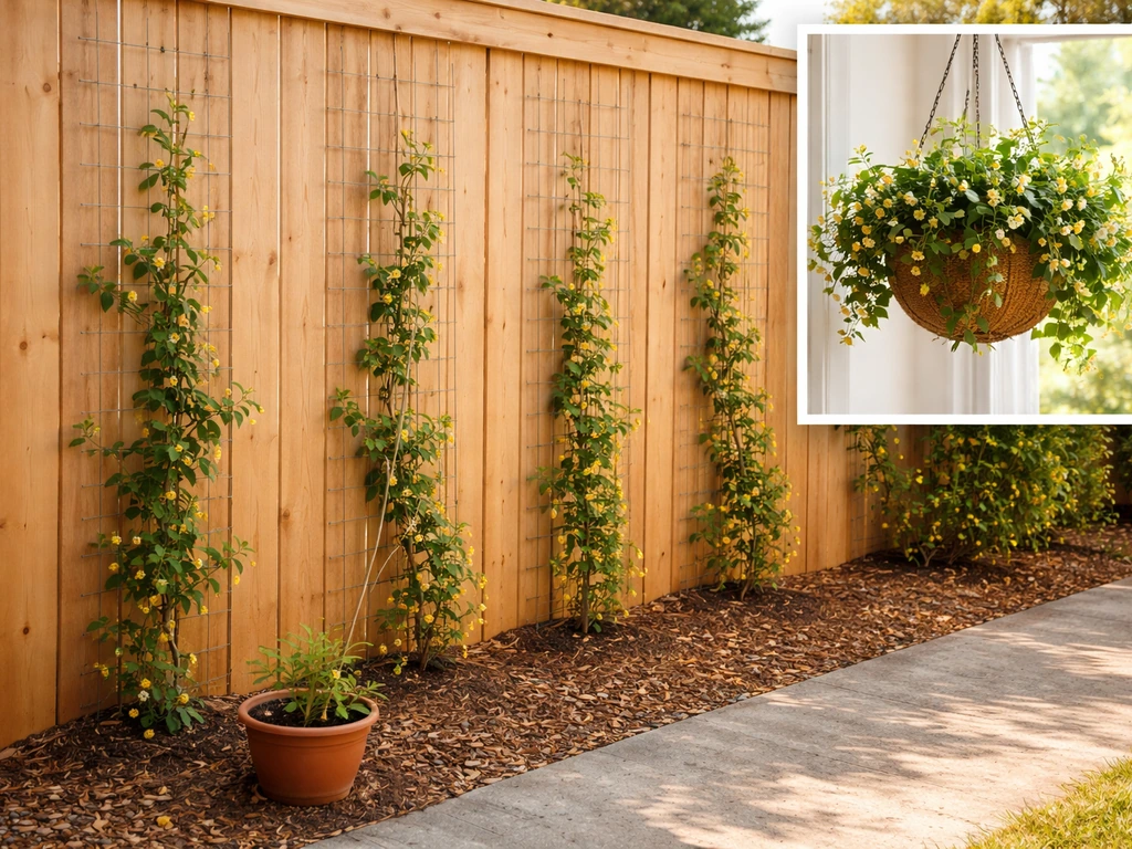 Honeysuckle vines growing along a simple fence trellis, plus an inset hanging basket setup in warm light.