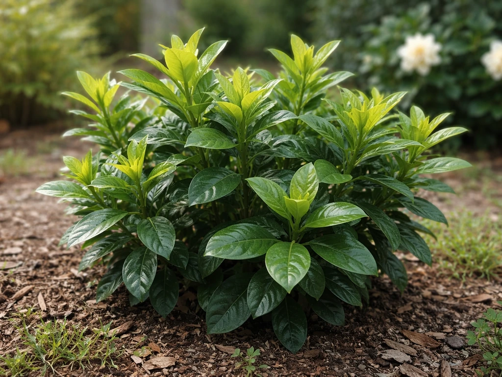 Healthy gardenia shrub with fresh new growth and a couple of blooms in a simple garden bed.