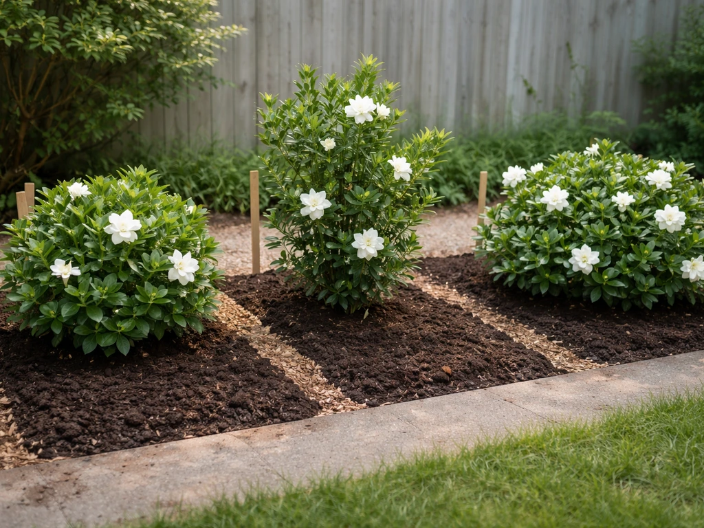 Three gardenia bushes of different forms in separate small beds, showing varied foliage and growth habits