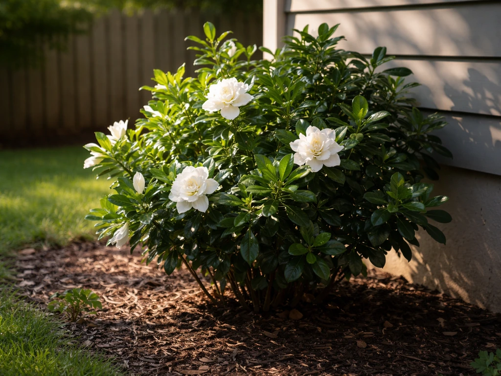 Gardenia plant in morning light, protected by afternoon shade from a nearby house overhang.