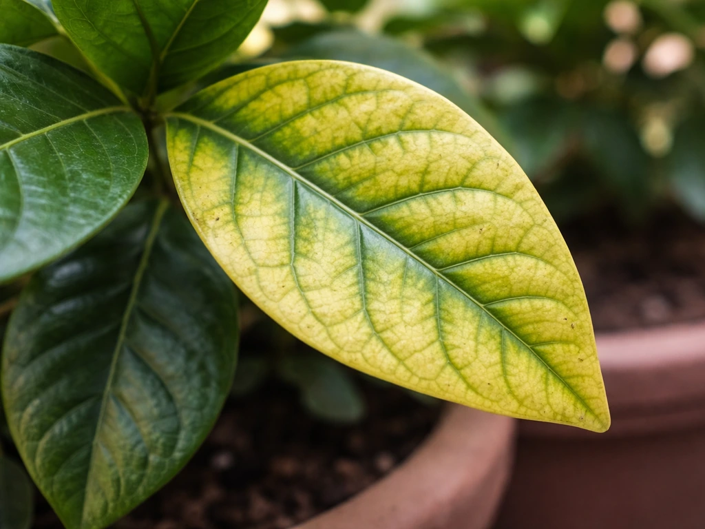 Macro close-up of gardenia leaves with yellowing between veins beside a greener healthy leaf