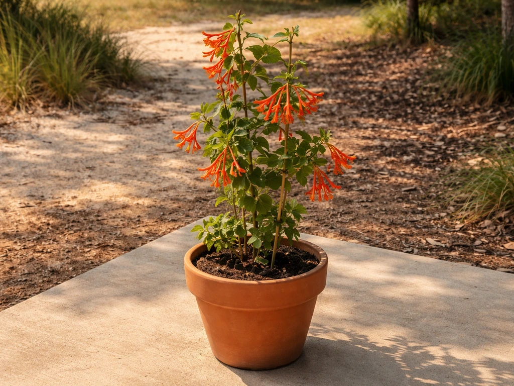 Coral honeysuckle vine in warm Texas outdoor setting with three simple soil tones suggesting regions.