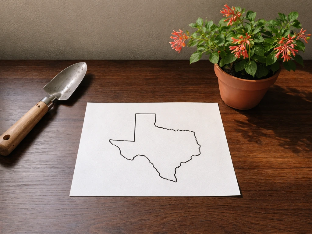 Minimal photo of a Texas map silhouette on a desk with climate planting supplies