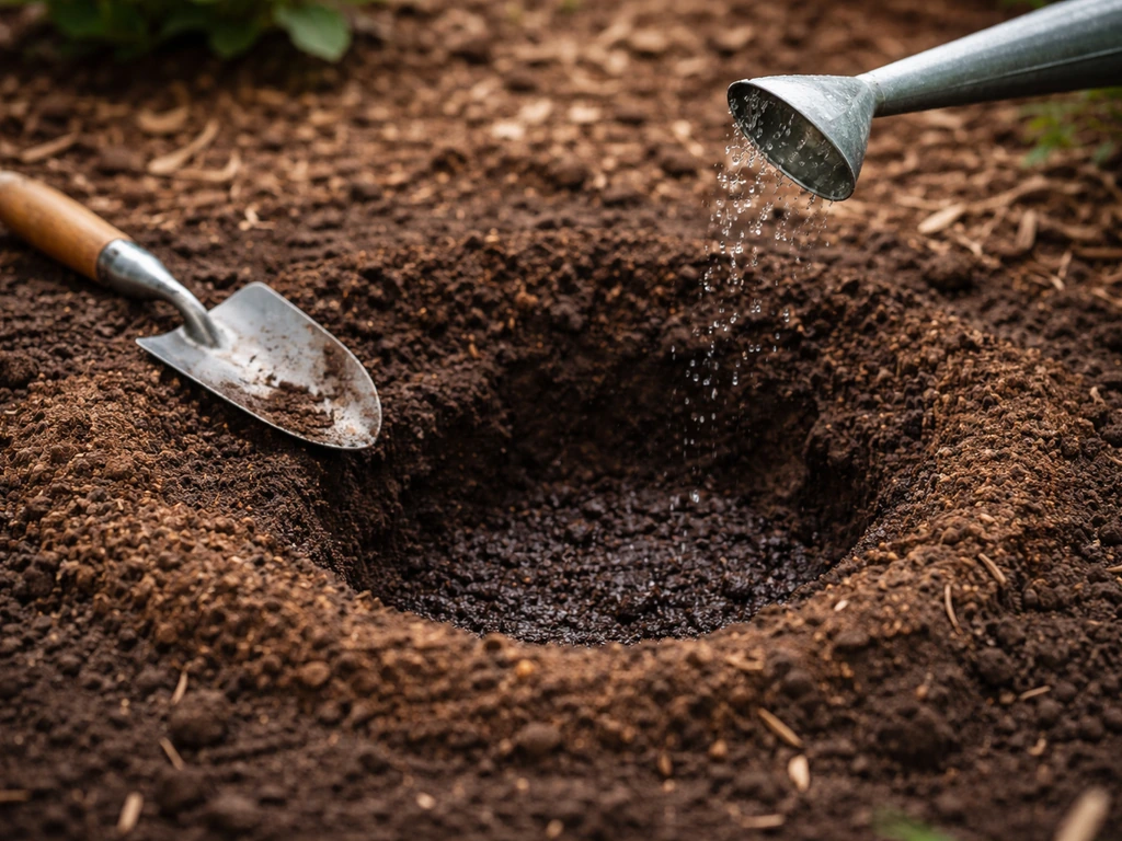 Close-up of a small planting hole with compost and watering setup for honeysuckle in well-drained soil